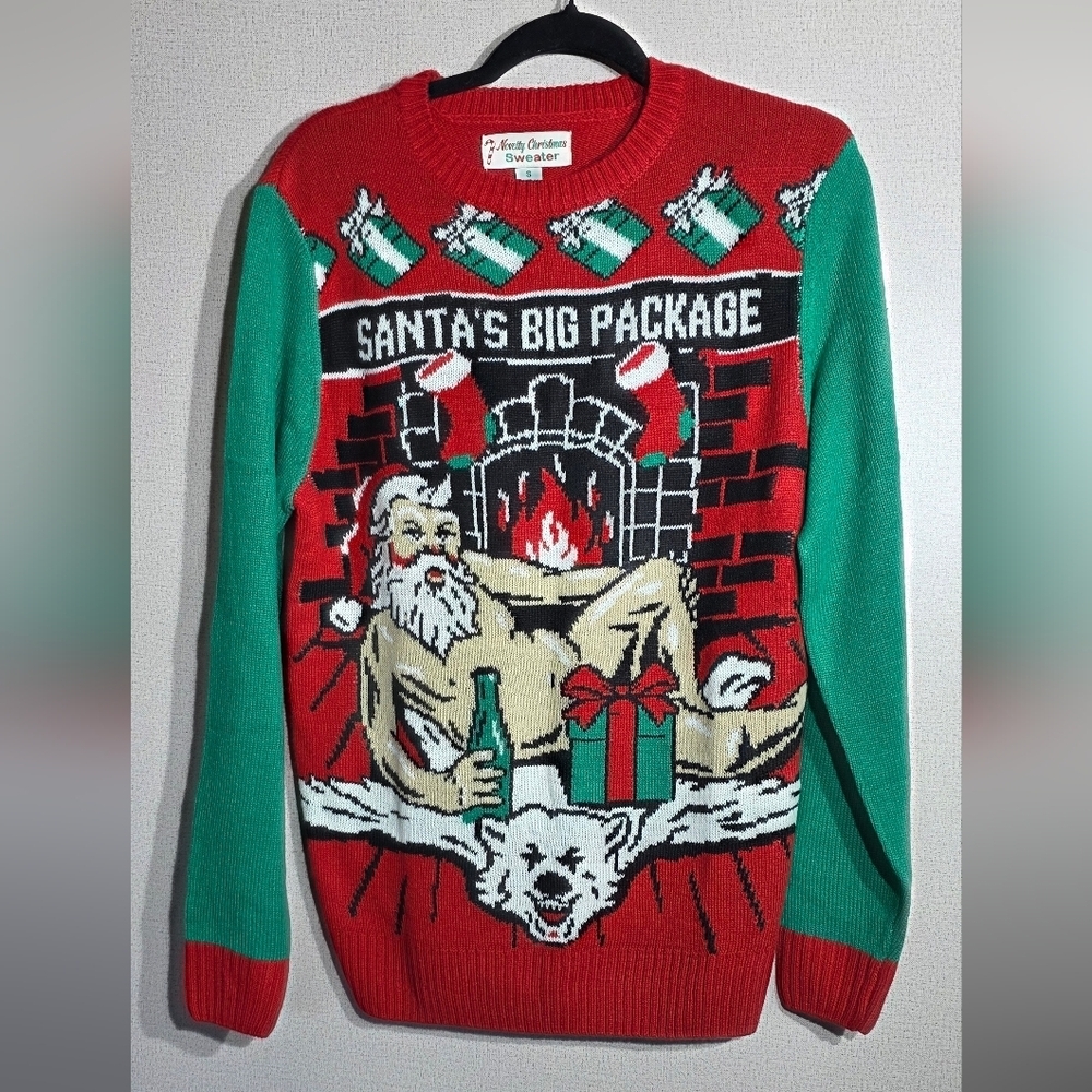 Men's Holiday Graphic Sweater - Green & Red Santa Design